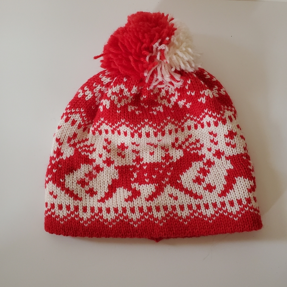 Dale Of Norway Reindeer Red & White Toque Pure Wool Pompom Hat Winter Intarsia